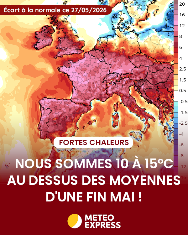 MeteoExpress's tweet photo. 🌡️ Les cartes ne sont pas rouges pour rien. Elles transcrivent une anomalie record ! Fin mai, les températures moyennes tournent autour de 20°C au nord et 22°C au sud. En ce moment, nous sommes 10 à 15°C au dessus chaque après-midi ! 📈 https://t.co/S7u0YaAOTI