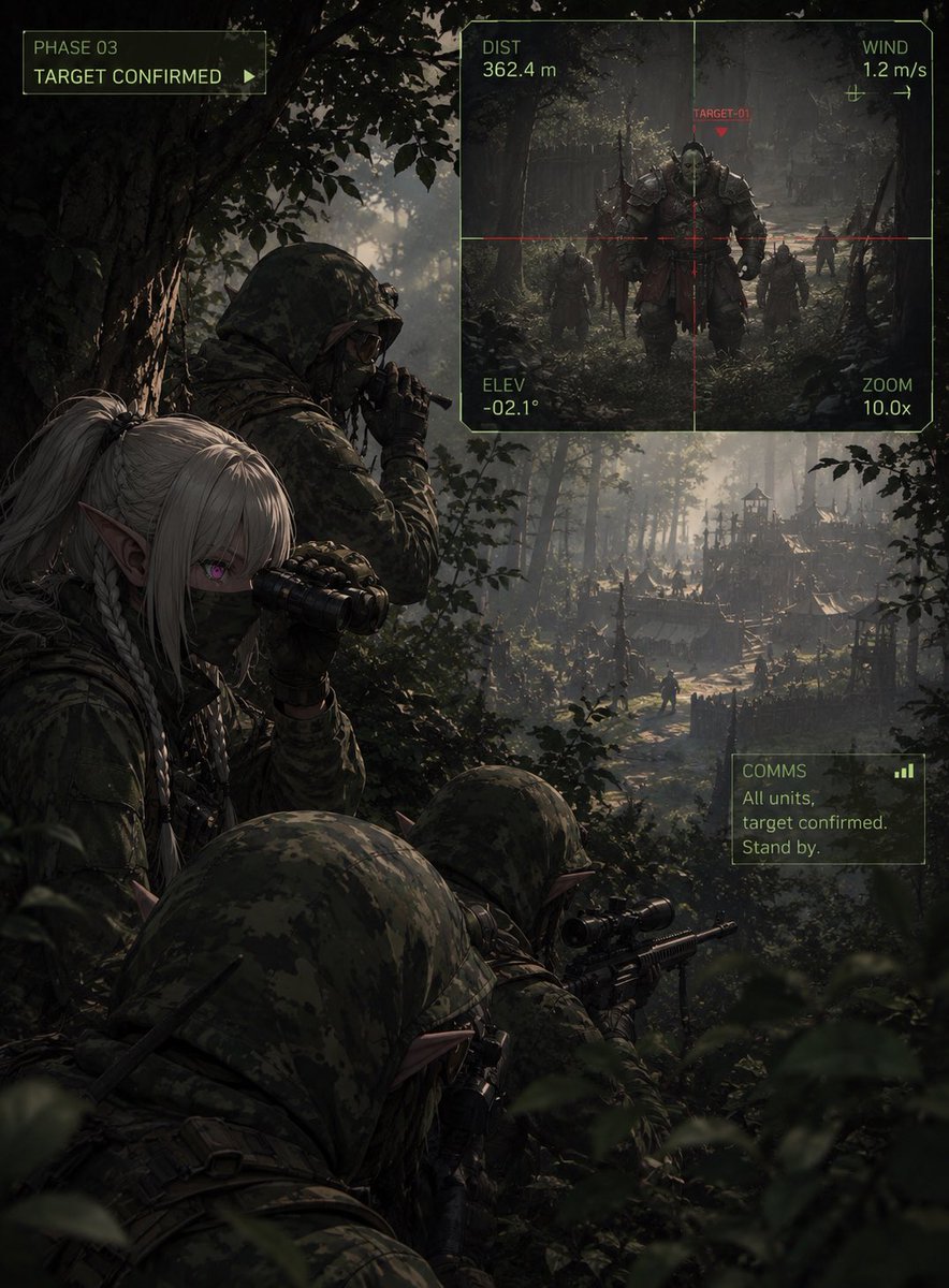 uenrura's tweet photo. Target confirmed.
The prey still thinks the forest is empty. π²π―
#DarkElf #TacticalFantasy #ElfSquad https://t.co/Hc1uxRVbbd