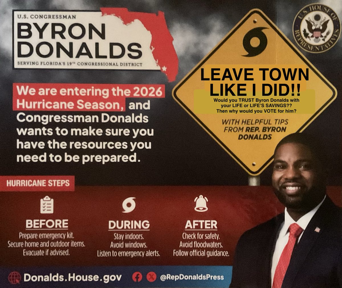 KilkennyTek's tweet photo. @galexy70 #ByronDonalds will NOT do the work to prepare or recover from a hurricane. He’ll launch a bid process with kickbacks to his “management” companies just like his #CharterSchool fraud. #NeverByron https://t.co/qsfPMr513K