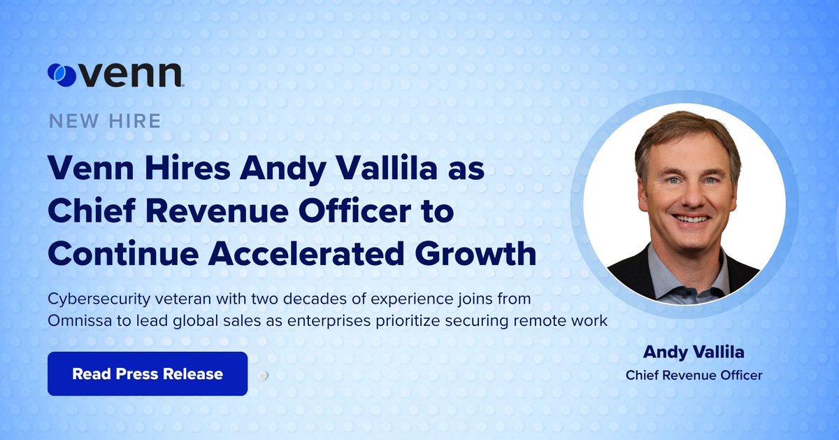 Venn_Software's tweet photo. We're thrilled to welcome Andy Vallila as our Chief Revenue Officer!

Andy brings more than 20 years of experience scaling enterprise cybersecurity and infrastructure businesses, and he arrives at exactly the right moment. 

Demand for modern, frictionless approaches to securing distributed workforces is accelerating, and Andy has a proven track record building go-to-market organizations through periods of rapid growth.

The way organizations think about securing remote work is shifting away from legacy VDI and toward approaches that deliver native performance without the latency, complexity, and friction. That's exactly what Blue Border™ was built to do, and Andy is here to help more organizations find it.

Read the full announcement here: https://t.co/aIlFXmeHzo

#RemoteWork #SecureBYOD #BYOD #InformationSecurity #HybridWork