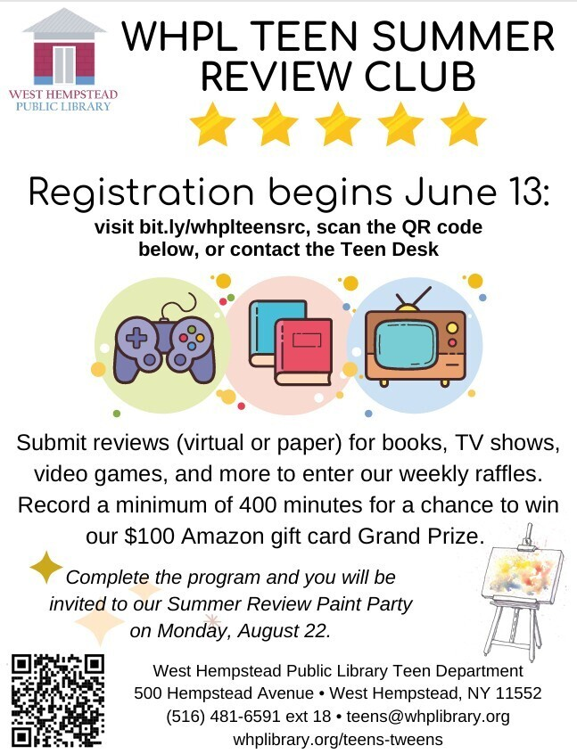 WhufsdRams's tweet photo. Join West Hempstead Public Library (WHPL) Teen Summer Review Club.
Registrations begin June 13th, 2026. 
See Flyer for full details https://t.co/qJTMX1d1zJ