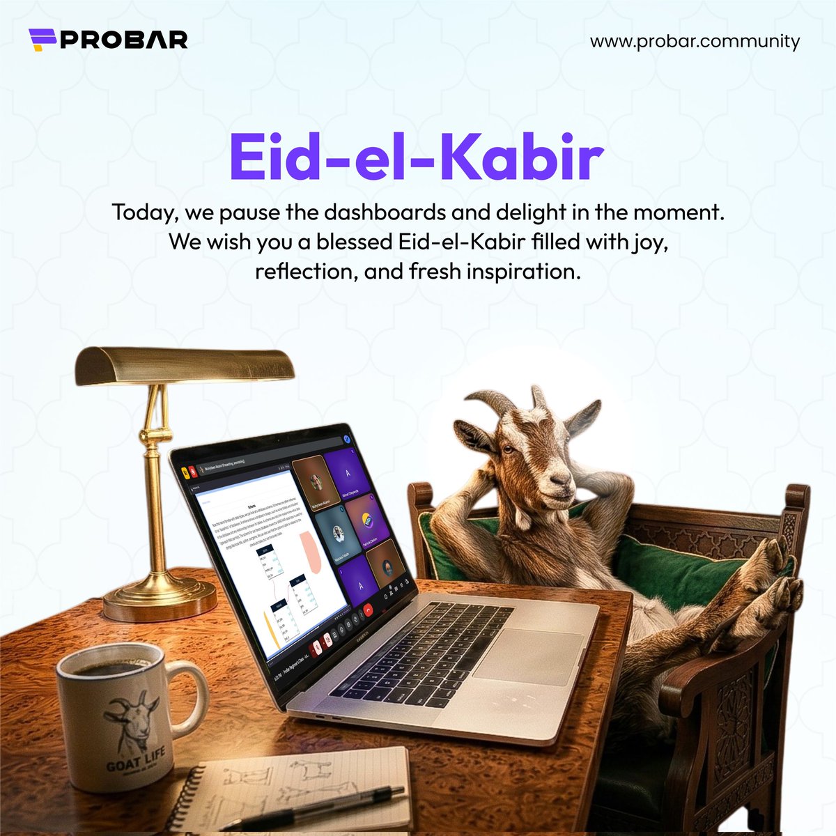 ProBar_Com's tweet photo. From sprint reviews to shared moments of reflection — today, we celebrate the spirit of sacrifice, gratitude, and togetherness. 🌙✨
Wishing you and your loved ones a joyful Eid-el-Kabir filled with peace, blessings, and renewed inspiration. 🐐💜 https://t.co/5XA2wIFDe1