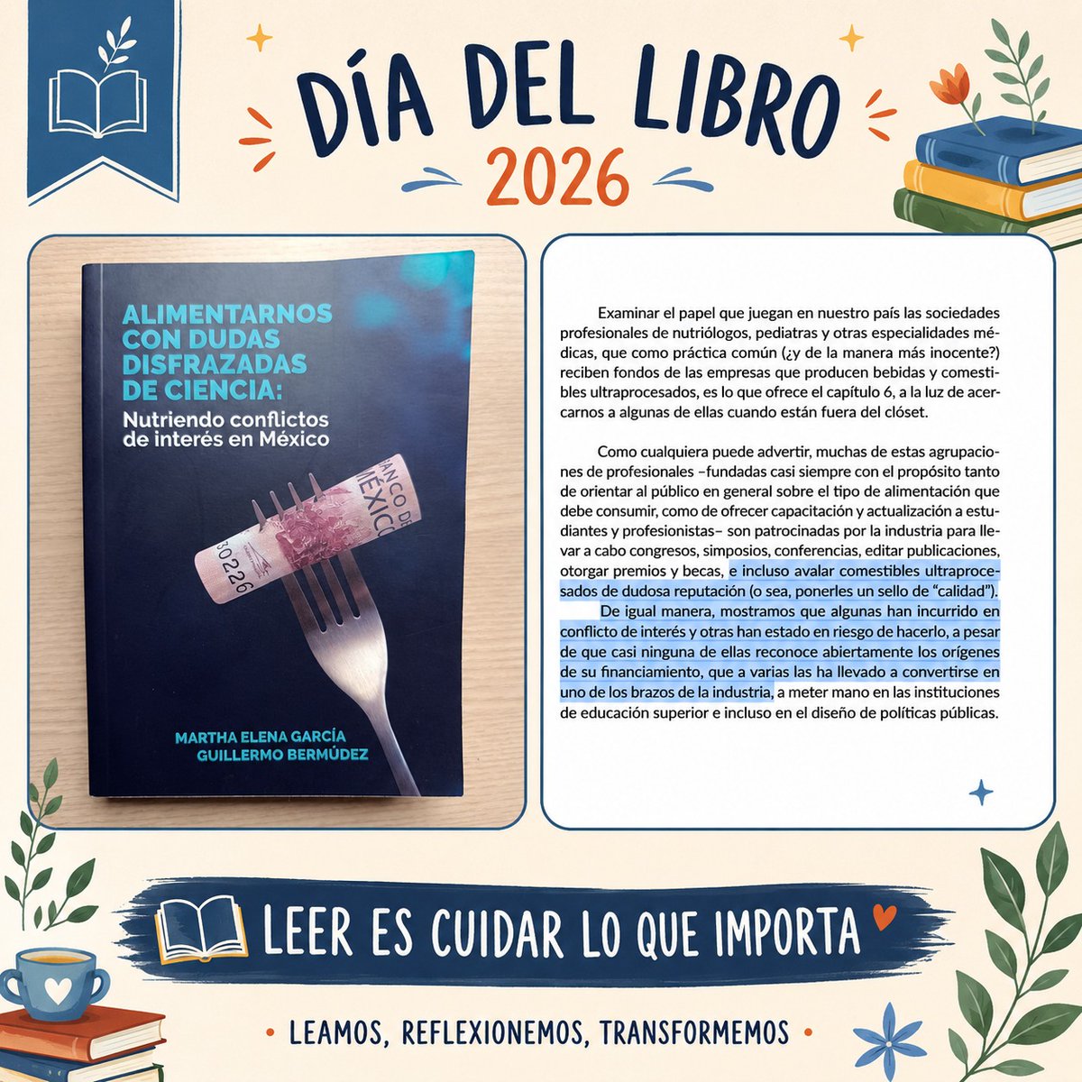 OMISuruguay's tweet photo. ¿Avalar CHATARRA como herramienta educativa?
¿Asociaciones "tocan la puerta del diablo"?

En el libro Alimentarnos con dudas disfrazadas de ciencia, de el @elpoderdelc se puede encontrar información específica sobre el aval de organizaciones a productos ultraprocesados.

El aval como estrategia de legitimación:

El texto menciona que muchas agrupaciones de profesionales son patrocinadas por la industria para, entre otras cosas, "avalar comestibles ultraprocesados de dudosa reputación (o sea, ponerles un sello de 'calidad')"
🙄 Esta práctica permite a las empresas obtener lo que se llama "inocencia por asociación".

"Desde la narrativa de la Federación Mexicana de Diabetes, avalar comestibles chatarra es una herramienta que puede formar parte integral del proceso educativo para que las personas con diabetes sepan 'cuáles son los productos más aptos para llevar una vida saludable'"
Según el libro esta es parte de la Lista de productos ultraprocesados avalados:
- Paletas Dulce Vida (Chompys)
- Gelatinas D’Gari light
- Golosinas Las Sevillanas (endulzadas con polialcohol isomalt)
- Mermeladas McCormick sin azúcar
- Helados Holanda Zero Azúcar
- Pan Bimbo Cero-Cero
- Chocolates Nestlé (Carlos V y Larín sin azúcar)
- Yogur Danone sin azúcar, Salmas y Vitalínea

El libro menciona que la Asociación Mexicana de Pediatría también realiza esta práctica:
Esta agrupación "avala productos ultraprocesados, como Danonino"

Este fenómeno es descrito por los autores como una "alianza estratégica bastante inmoral", donde se establece un intercambio de favores: la empresa financia eventos, premios o viajes, y a cambio recibe el aval médico que ayuda a posicionar sus productos en el mercado.

Libro: Alimentando con Dudas Disfrazadas de Ciencia
