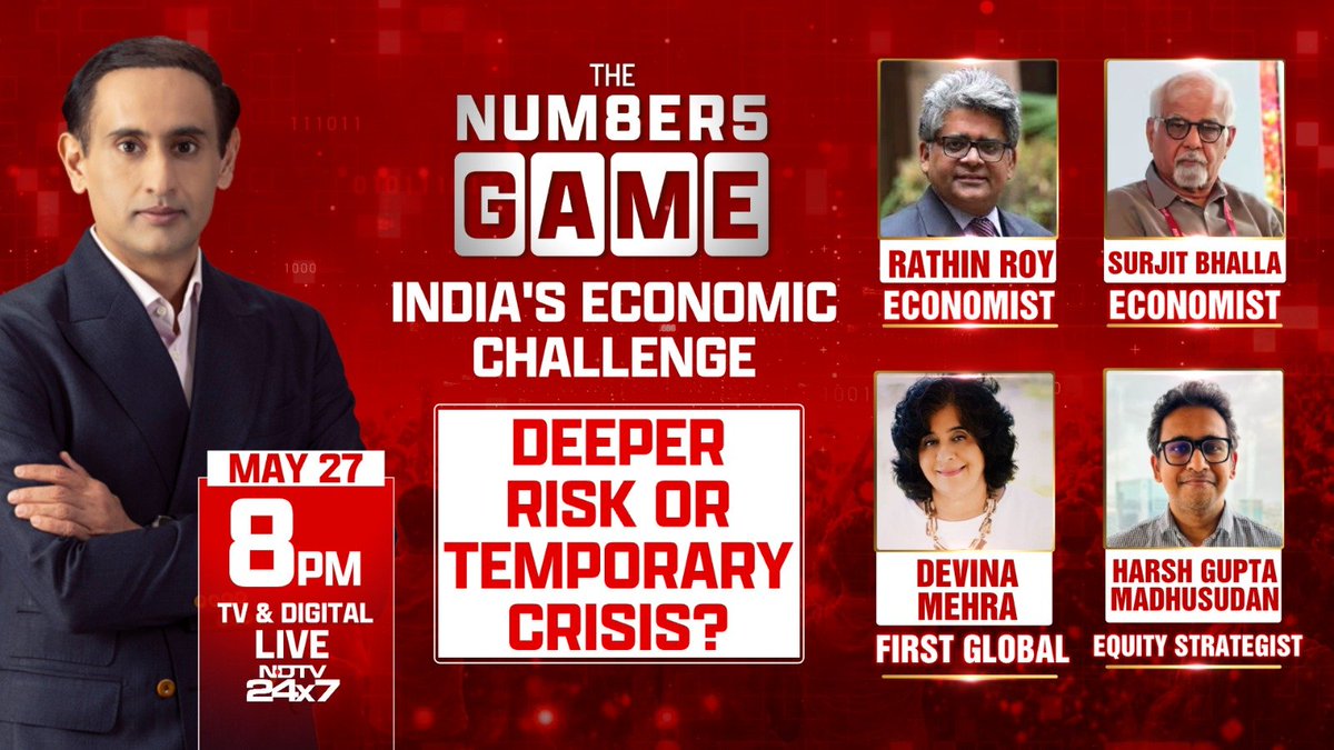 ndtv's tweet photo. Watch #TheNumbersGame with @rahulkanwal today at 8pm only on NDTV 24X7 

@EmergingRoy @surjitbhalla @devinamehra @harshmadhusudan https://t.co/zYRvDWcM1U
