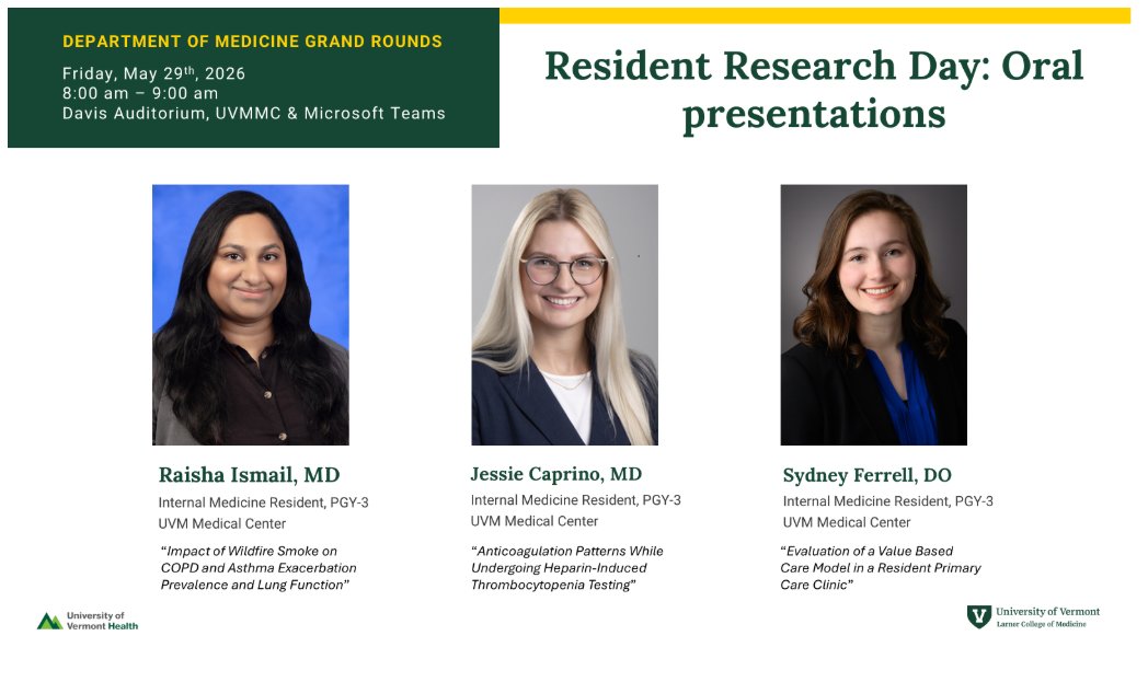 UVMDeptMed's tweet photo. Please join us for the Department of Medicine Grand Rounds, Friday, May 29th!
@uvmcards 
@UVMLarnerMed 
@UVMHeartBrain 
@UVMUrology 
@UVMMedCenter1 https://t.co/0EMtljeyIW