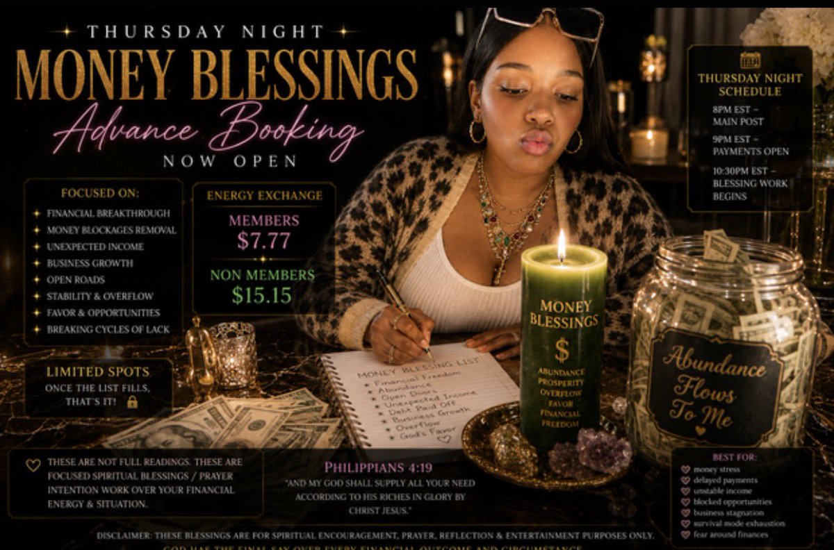 SunnysMagicView's tweet photo. 💰✨ ADVANCE BOOKING NOW OPEN THURSDAY NIGHT MONEY BLESSINGS ✨💰June 4th 

I’m officially opening EARLY BOOKING for next Thursday’s Money Blessing Night because I already know spots are going to go FAST. https://t.co/SsQSNQoEFB