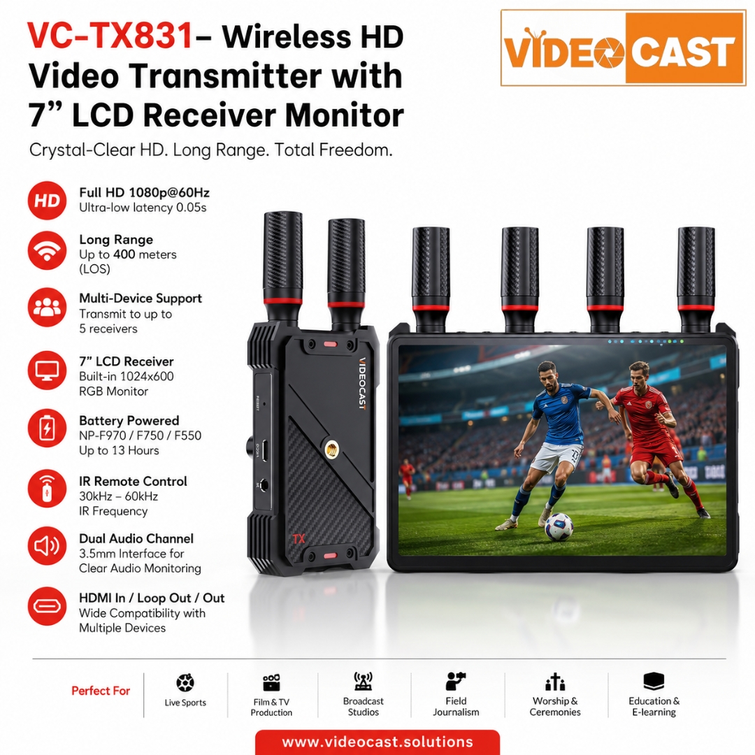 VIDEOCAST_TECH's tweet photo. Cut the cables. Capture every moment. 

The VIDEOCAST VC-TX831 delivers Full HD wireless transmission with ultra-low latency, 400m range, and crystal-clear monitoring for live production, sports, events &amp; streaming. 
#Transmitter #VIDEOCAST #LiveStreaming #Broadcast @skywireindia https://t.co/1l9Rz06bq9
