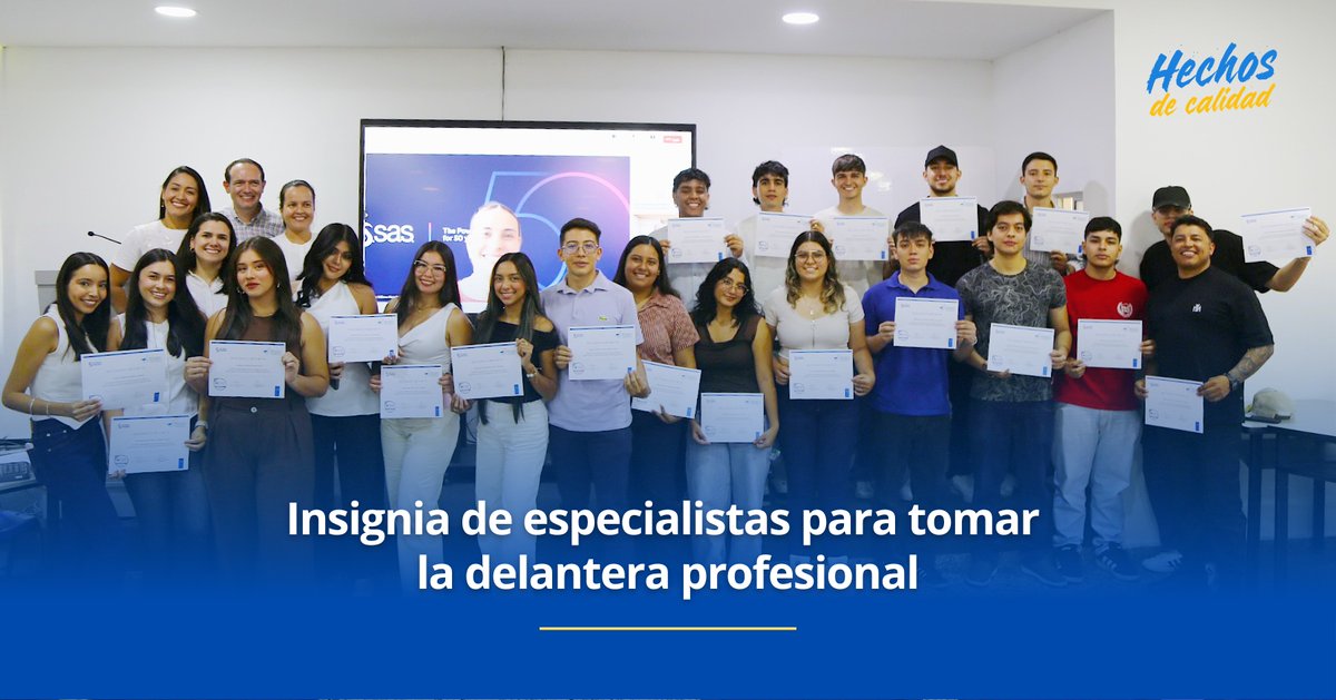 unibagueoficial's tweet photo. Mientras se forman como ingenieros industriales, también se convierten en especialistas. 🎓 Así va el rumbo de 24 jóvenes que ahora lucen con orgullo una insignia digital resultado de una alianza entre Unibagué y @Sas_Colombia. 👏🌎 La noticia 👉 https://t.co/SWYpK0vJRa https://t.co/nK7F7uerb8