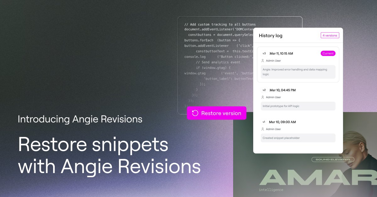 elemntor's tweet photo. Angie now saves the exact version history of your snippets so you can roll back with total precision. ⏪

We just launched Angie Revisions to solve the one thing every AI user dreads, reconstruction drift.

Here's a workflow most Angie users will recognize. After a long session of prompts, refinements, and adjustments, one change breaks something you spent real time getting right. You ask to roll back, but the AI just reconstructs what it thinks you had. It looks close, but it is not exact. A detail is off, a layout behavior shifted, and the component is no longer right.

Revisions is built to fix that. Going back now means returning to the real thing.

→ Each time you make an update, Angie stores the exact state of your snippet
→ Open your history and return to any saved state with a single click
→ What comes back is the real thing, never an AI approximation

Revisions are available now and free for all Angie users

👇Click here to learn more about Angie Revisions
https://t.co/MP7WQH1bj5