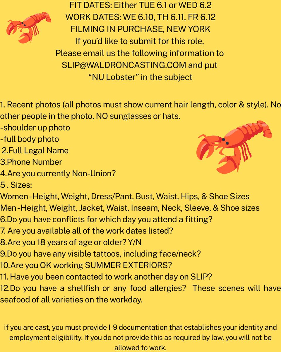waldroncasting's tweet photo. Waldron Casting is seeking NON-UNION talent to portray UPSCALE Chic Party Guests for an Elite Seafood Bake on the TV series SLIP 🎬🍤🍾
MUST be available for: A fitting ALL THREE workdays
⚠️ Must be comfortable eating and being around shellfish 🦐🦀
👉 PLEASE SHARE &amp; TAG https://t.co/oRqbSh75GS