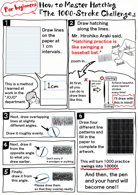 This pen practice method was the first thing I learned when I became an assistant to Hirohiko Araki. 
It's an important technique for drawing manga. 