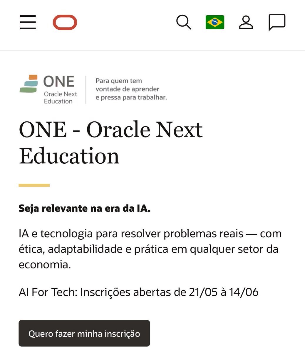 LayTXT's tweet photo. A Oracle está com inscrições abertas para formação gratuita na trilha IA for Tech do programa ONE - Oracle Next Education.
São 23 semanas de curso, partindo desde o conceito de IA e LLM até a construção de agentes em Cloud. https://t.co/Tdv1INy7I4