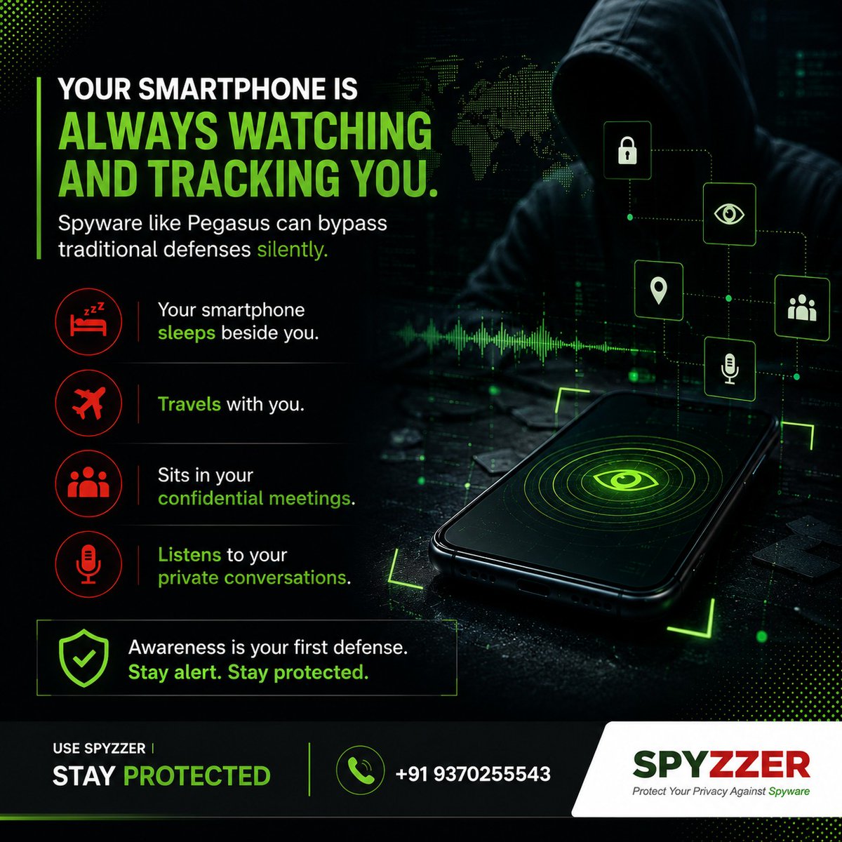Spyzzer_'s tweet photo. The most dangerous spy today may already be in your pocket. Your phone sleeps beside you, travels with you, joins private meetings, and witnesses private moments. Spyware like Pegasus, Predator &amp; Paragon can turn smartphone into spy phone.