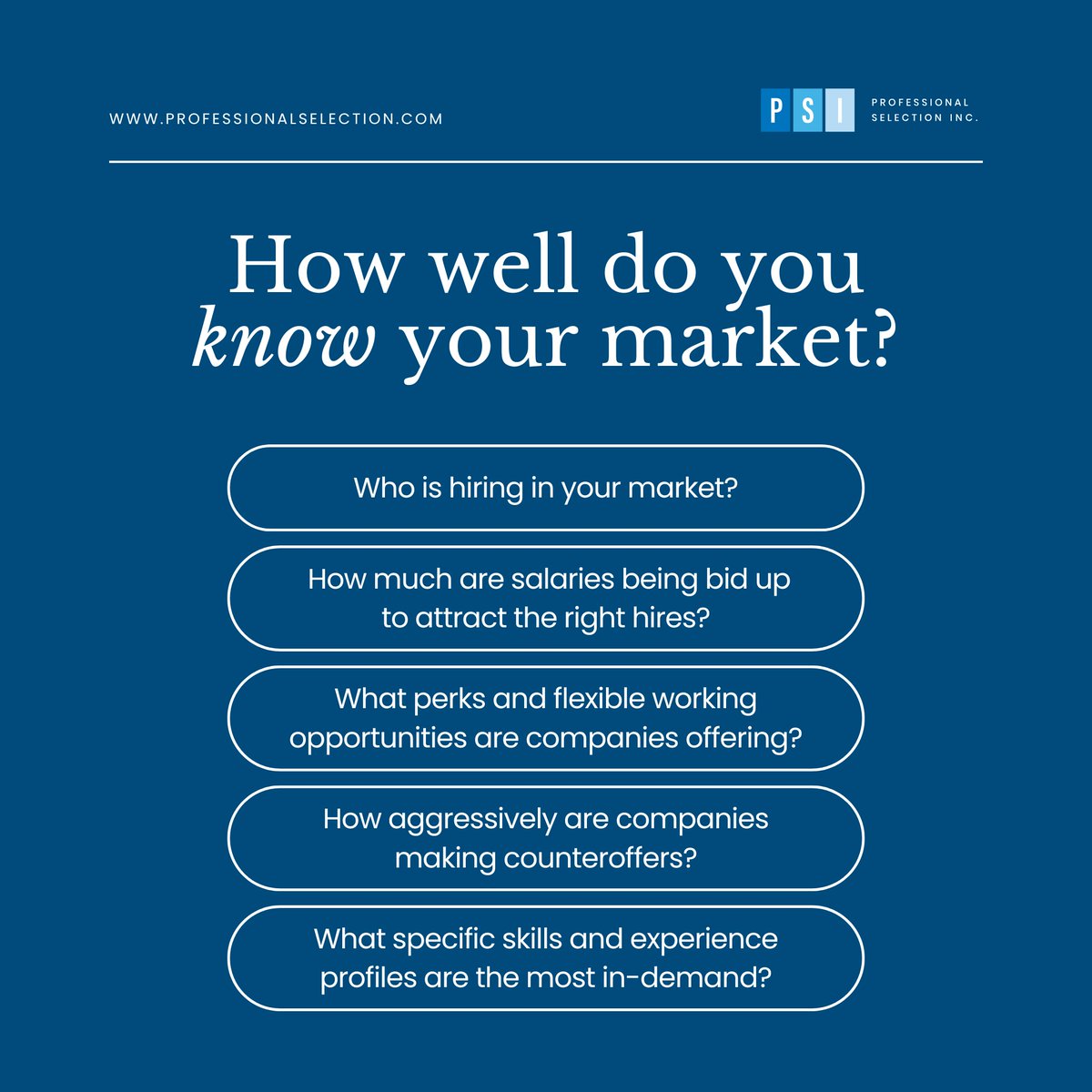ProSelectionInc's tweet photo. Recruiters who know their market do a better job for everyone - their clients and their candidates.

But knowing your market takes real investment.

Be honest with yourself. Can you answer these key questions? 

Learn more: https://t.co/koI742cq1u

#Recruitment #Hiring https://t.co/nIyeSItwfM