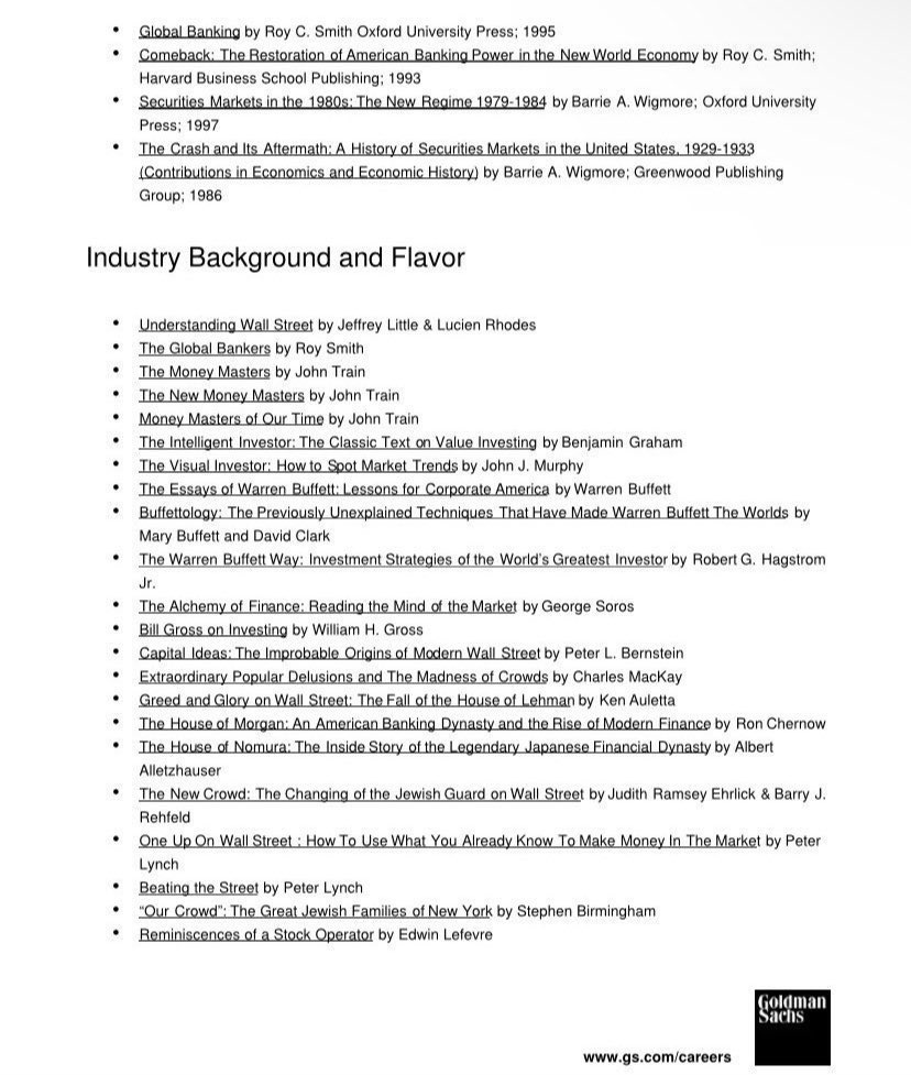 ReneSellmann's tweet photo. Want to know what it takes to make it on Wall Street?

This Goldman Sachs "Recommended Reading" list, given to incoming analysts, covers everything from market psychology to complex derivatives.

Bookmark this tweet so you don't lose the ultimate finance syllabus.

1/2 https://t.co/GBVMnTKfRl