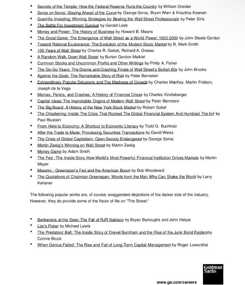 ReneSellmann's tweet photo. Want to know what it takes to make it on Wall Street?

This Goldman Sachs "Recommended Reading" list, given to incoming analysts, covers everything from market psychology to complex derivatives.

Bookmark this tweet so you don't lose the ultimate finance syllabus.

1/2 https://t.co/GBVMnTKfRl