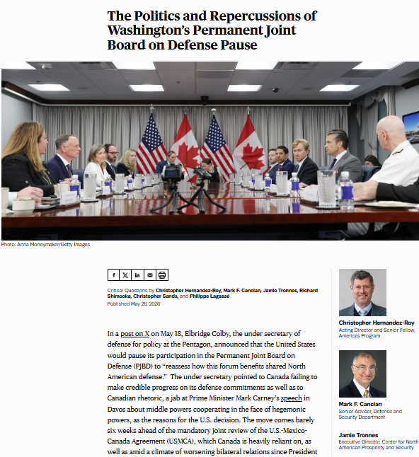 CSISAmericas's tweet photo. Americas Program Deputy Director and Senior Fellow @CHernandezRoy joins @CSISDefense and security experts to unpack the U.S. pause on the Permanent Joint Board on Defense, and what it means for the future of U.S.-Canada security cooperation: https://t.co/ntdcD1B5MN https://t.co/GfbxfQ44b1