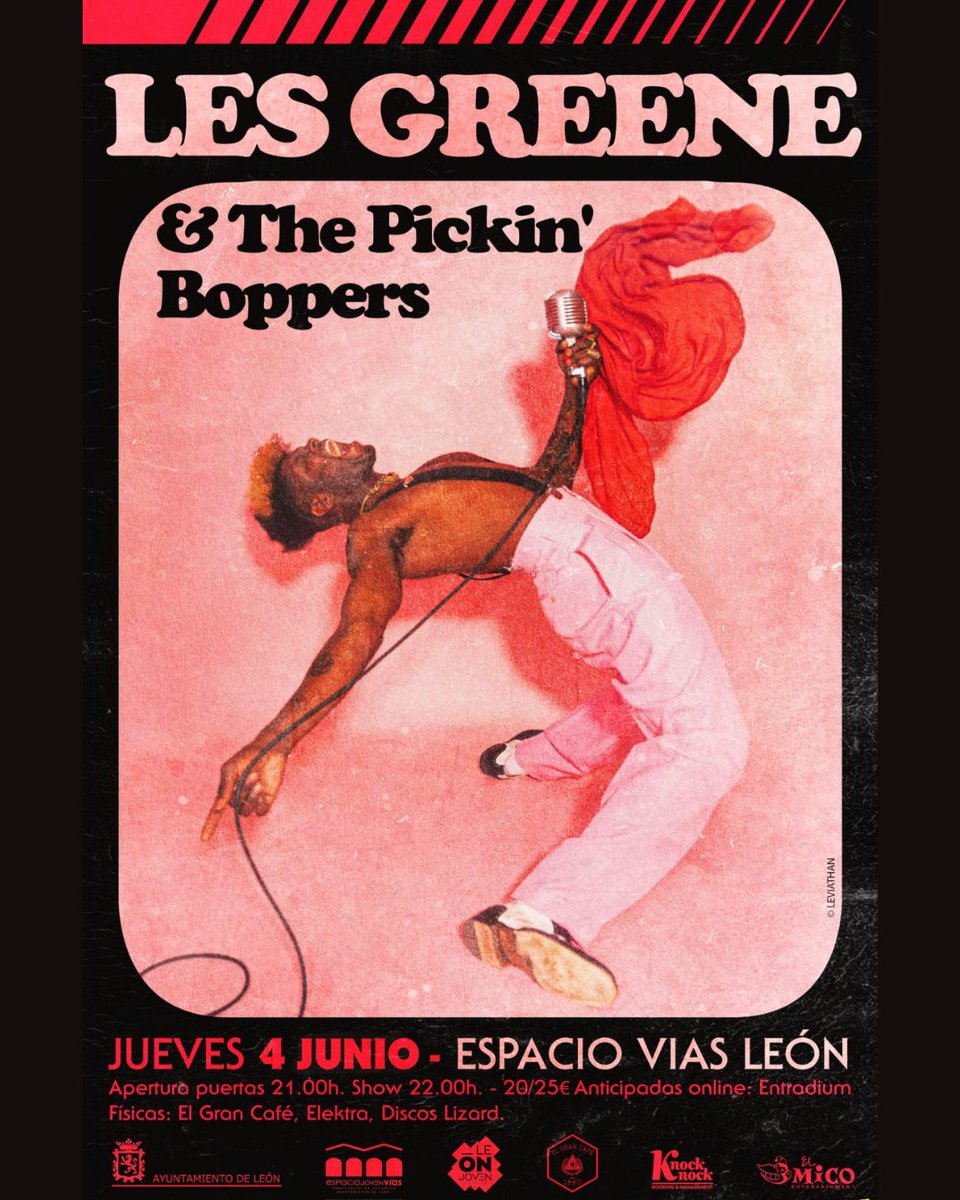 Leonjoven's tweet photo. Les Greene &amp; The Pickin Boppers llegan a Espacio Vías con rock and roll, soul y sonido 50s/60s.

📅 Jueves 4 junio 2026
🕘 Puertas 21:00 | Concierto 22:00
🎟️ 20 € anticipada / 25 € taquilla

ℹ️ https://t.co/3szpVf2f0E

#EspacioVías #Leónjoven #Conciertos #LeónEsp https://t.co/AxJZ92I8oQ