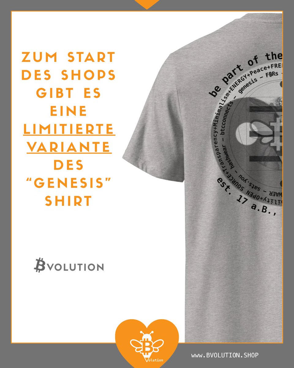 Bvolution_shop's tweet photo. ⚡ LIMITED DROP ⚡

The limited “GENESIS” shirt drops with the BVOLUTION launch. 🐝

Minimalistic. Futuristic. Timeless.

🟠 First Edition
🟠 Exclusive launch drop

Be part of the Genesis of ₿volution. 🚀

#bitcoin #btc #streetwear #orangepill #genesis #bvolution #limited https://t.co/3rXF6s4ZQB