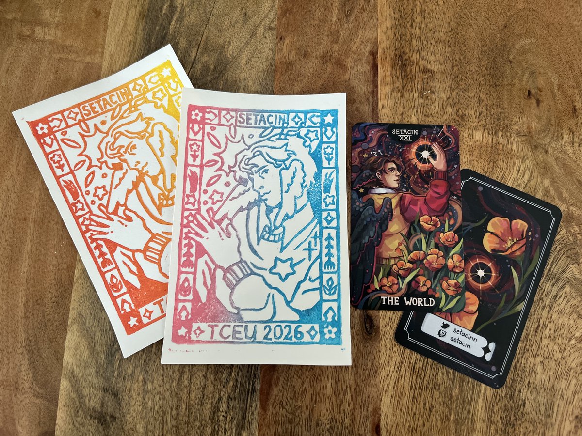 setacinn's tweet photo. COMING SOON TO A TWITCHCON EU NEAR YOU: 
seta setacin lino prints and tarot cards!!

track me down in the convention center to acquire one for yourself!! (i have bright blue hair. shouldn't be hard to spot) https://t.co/orZLCswM4D