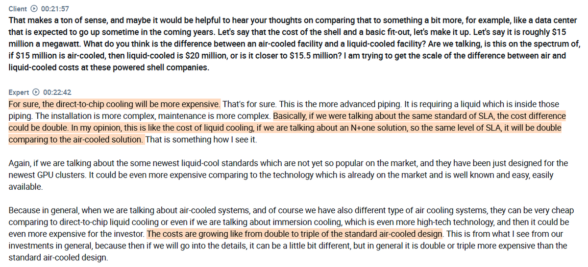 AlphaSenseInc's tweet photo. Interview with a $MSFT employee on why cooling has become one of the most complex problems ( $AMZN, $GOOGL ):

- The expert explains that $MSFT, when expanding capacity, almost always stays close to its existing regional footprint, with fiber connectivity of no more than 60 kilometers between data centers being the core technical constraint. Any new region requires at least three data centers in close proximity, and when choosing partners for those builds, the preference is strongly toward companies already in existing relationships.

- According to the expert, GPU demand at $MSFT is showing no signs of slowing, with large cluster projects continuing to grow. Each new GPU generation brings more performance but also significantly higher power requirements, jumping from 23-40 kilowatts per rack today to around 120 kilowatts for next-generation hardware like $NVDA's Vera Rubin, a shift that makes many existing facilities unable to handle the load without expensive retrofits.

- The expert explains that GB300s cannot be air-cooled and that liquid cooling became the standard starting with the GB200 generation. The challenge this creates is that not all equipment is designed for liquid cooling, with some networking and server components still requiring traditional air cooling. As a result, data center designers have to accommodate both systems simultaneously, which the expert sees as one of the ongoing challenges in the market.

- The expert estimates liquid cooling as roughly double the cost of an air-cooled setup at the same SLA standard, due to more complex piping, installation, and maintenance requirements. For newer standards built specifically for the latest GPU clusters, costs can climb even further, with immersion cooling reaching two to three times that of a standard air-cooled design.

- The expert puts GPU depreciation at 3-5 years for current generation deployments, compared to 7-8 years for older cluster technology, driven by two factors. First, each new GPU generation delivers such a significant performance jump that older hardware becomes inefficient quickly, with a single new rack potentially replacing ten older ones in terms of compute output. Second, there is still uncertainty around how GPUs will hold up after 3-4 years of continuous intensive use, particularly for training workloads running around the clock, which adds another layer of risk.