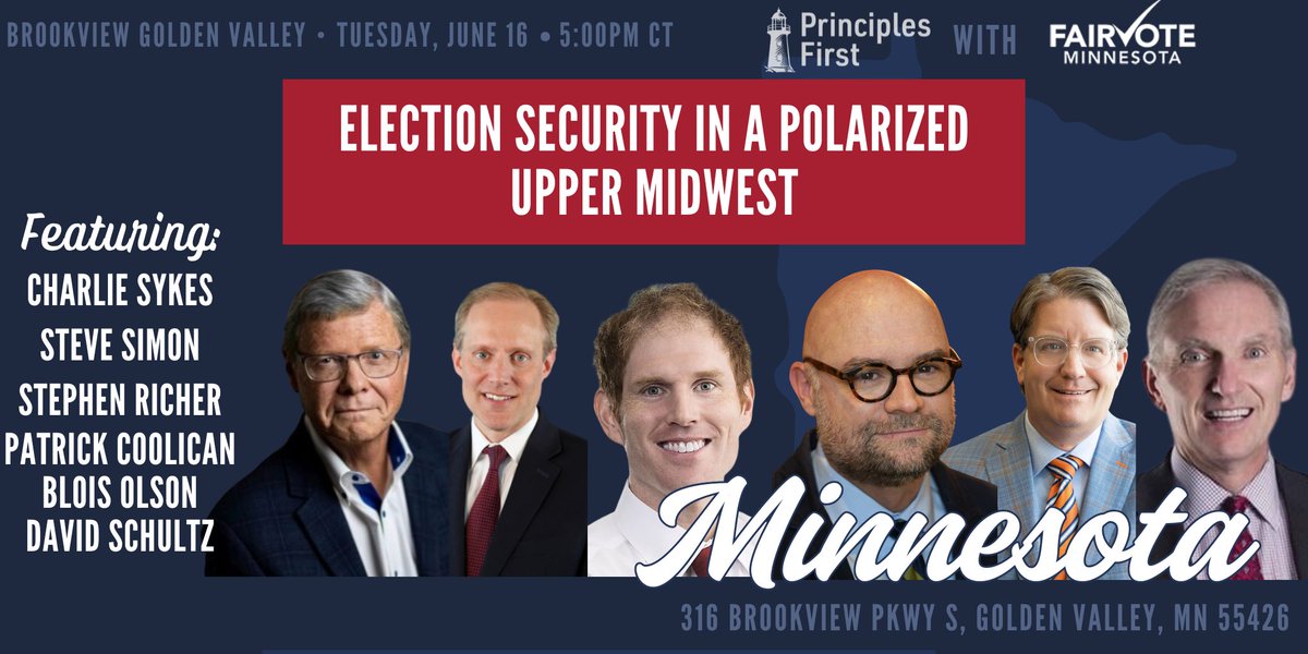 Principles_1st's tweet photo. Join @Principles1stMN &amp; @FairVoteMN for a nonpartisan panel on election security w/Charlie Sykes, @SecSteveSimon, @stephen_richer, &amp; more. Learn what’s working, real risks for 2026, &amp; how to take action. #PrinciplesFirst

Seating is limited. RSVP today!
https://t.co/sV36DERSR6 https://t.co/Joa6H5sdn6