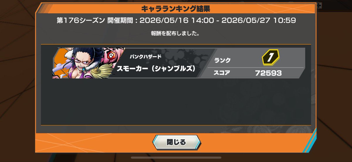 Karaxjfe's tweet photo. 【シーズン176】
たしぎ（スモーカー）のキャララン1位🎖️
あとは適当にニカで遊んでました！
#バウンティラッシュ https://t.co/gr2AdicjOv