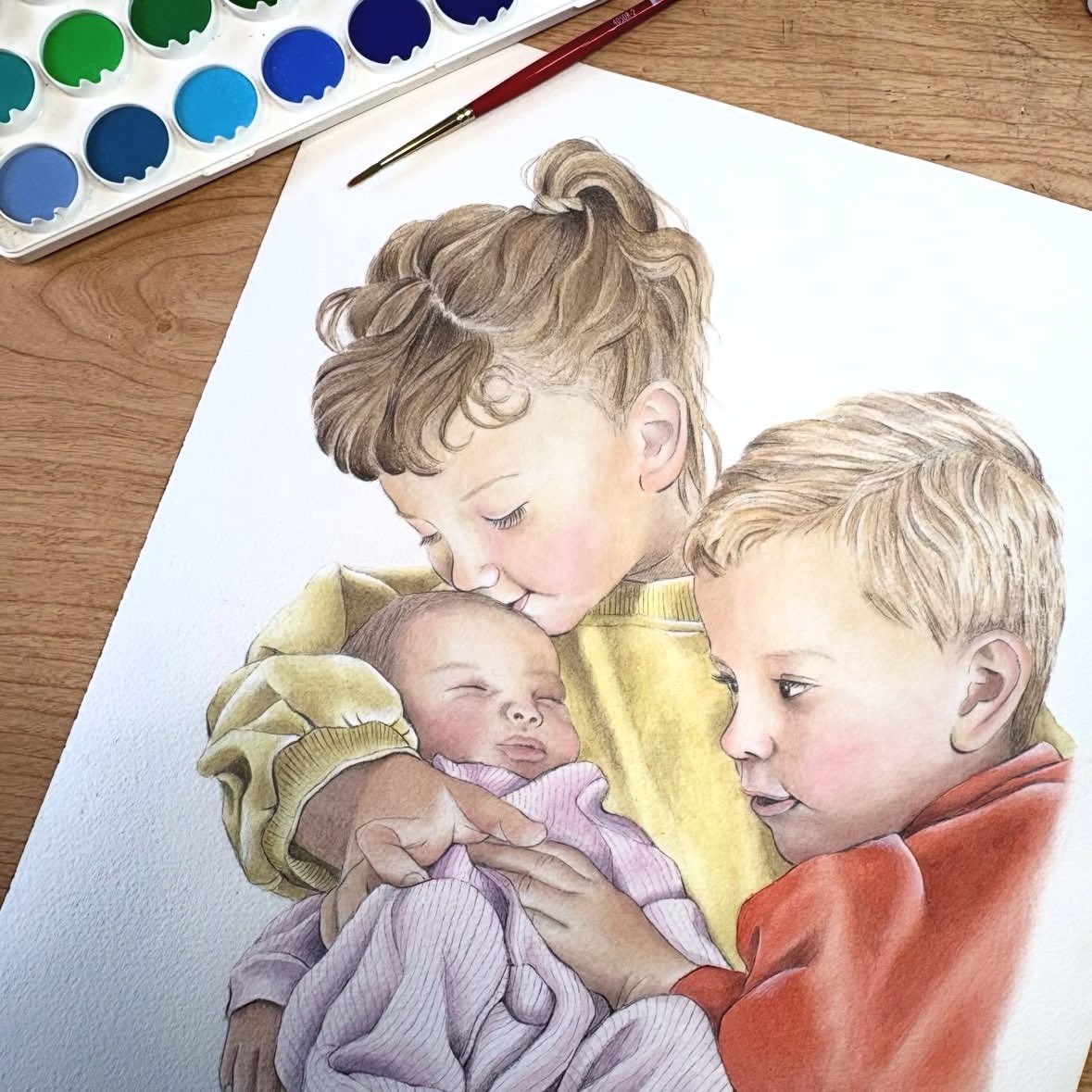 JenPaintsByHand's tweet photo. A local dad reached out about a week after welcoming their new baby and asked me to paint this portrait of his three kids for his wife 🤍 Probably one of my favorite family compositions I’ve painted in a long time.

11x14 custom family portrait, watercolor on cold press paper https://t.co/Ei3oQv2iv0