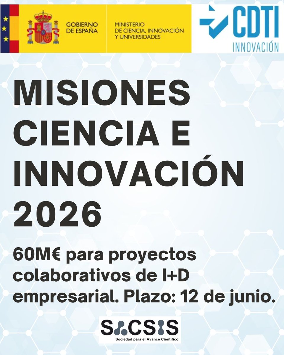 eSACSIS's tweet photo. El CDTI abre Misiones Ciencia e Innovación 2026. 60M€ ampliables hasta 150M€. Plazo: 12 de junio. Lo que necesitas saber antes de presentarte 🧵 https://t.co/Szf6tTpZeq
