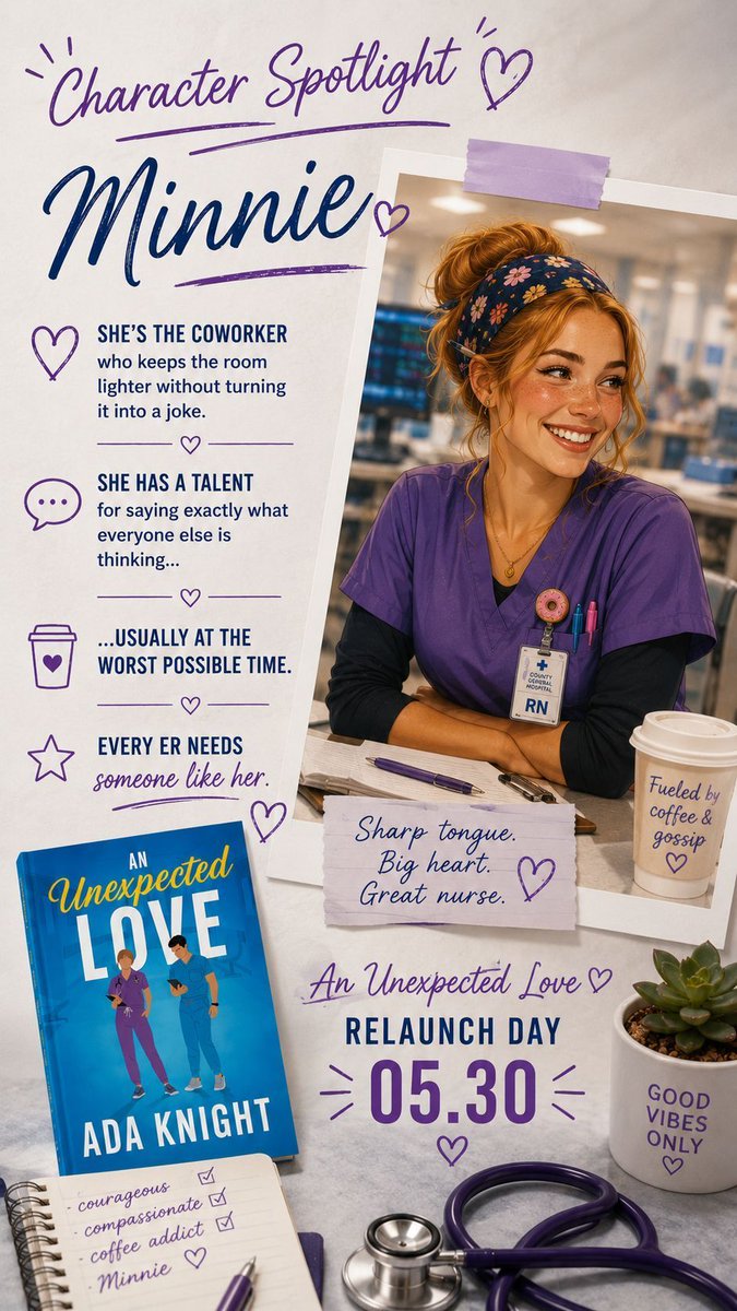 RealAdaKnight's tweet photo. Minnie is the coworker who keeps the ER human and says what everyone else won’t—usually at the worst time. #bookstagram #amwriting #writingcommunity #bookrelease #author #RomanceReaders #BookTwitter https://t.co/sAFmLq3yBw