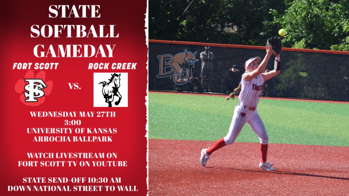 FSHSTigers's tweet photo. STATE SOFTBALL SEMI-FINALS!  FSHS will face Rock Creek in the 4A State Semi-Final game today at 3:00 at the University of Kansas Arrocha Ballpark in Lawrence. If you can't make it you can watch online on Fort Scott TV on YouTube.  Go Tigers!!! https://t.co/8aunxvaTLk