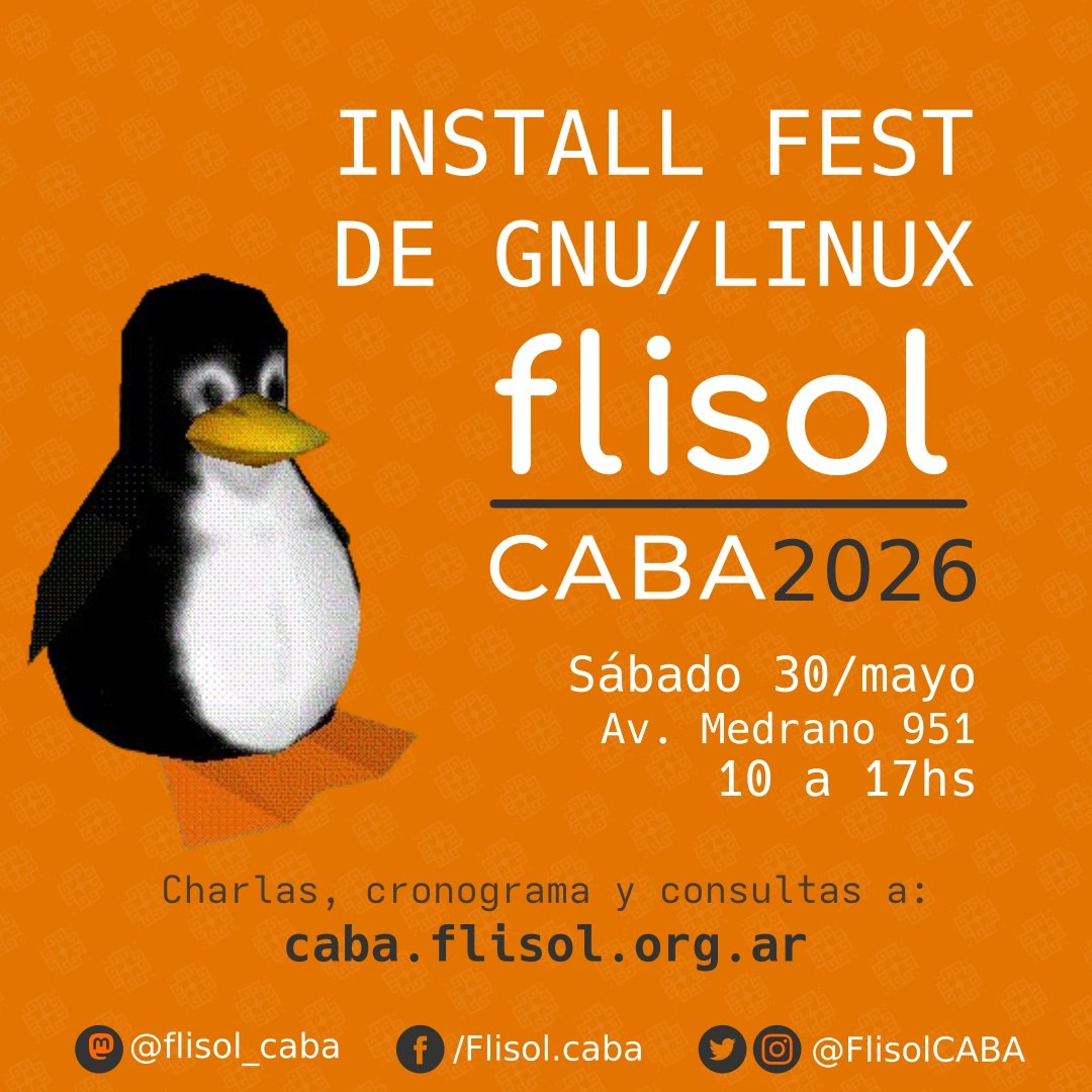 FlisolCABA's tweet photo. 30/MAYO #Flisol #CABA 2026 #Gratis en #UTN Medrano 951 de 10 a 17hs 

Hay #charlas y #talleres de #HardwareLibre, #SoftwareLibre y #CulturaLibre

Registro y cronograma de charlas en:
https://t.co/z7O6D28xwH

Liberá tu notebook/compu instalando #GNU/#Linux
https://t.co/lKACQzWIOj https://t.co/6AQOBxk6Po