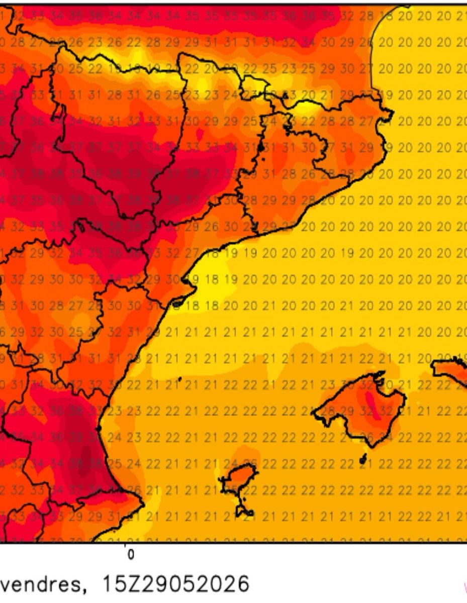 Vakapiupiuu's tweet photo. Quasi 37°
27 #juny2026 es dispara! Quan demà i divendres serien encara superiors! Calor desbocada!
Isoterma 20 a 22° a 850 hPa. Uns 1.600 m alt. https://t.co/14hELAfc3Y