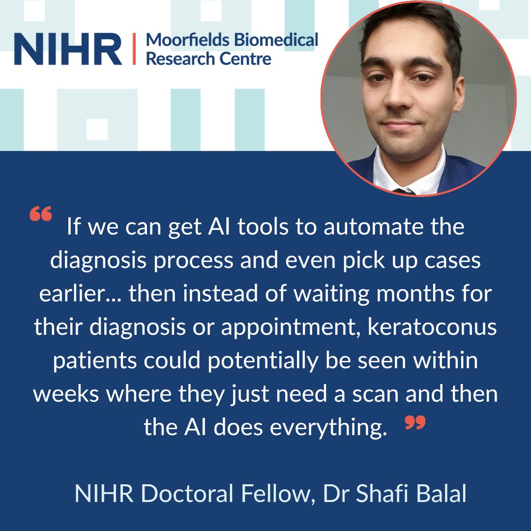 MoorfieldsBRC's tweet photo. One year after receiving an NIHR Doctoral Fellowship, UCL researcher and Moorfields clinician Dr Shafi Balal has published studies exploring how #AI can support earlier diagnosis, automated monitoring and treatment triage for keratoconus.

Read more: https://t.co/SR0Tu48Fic https://t.co/ovsGGX5bxt
