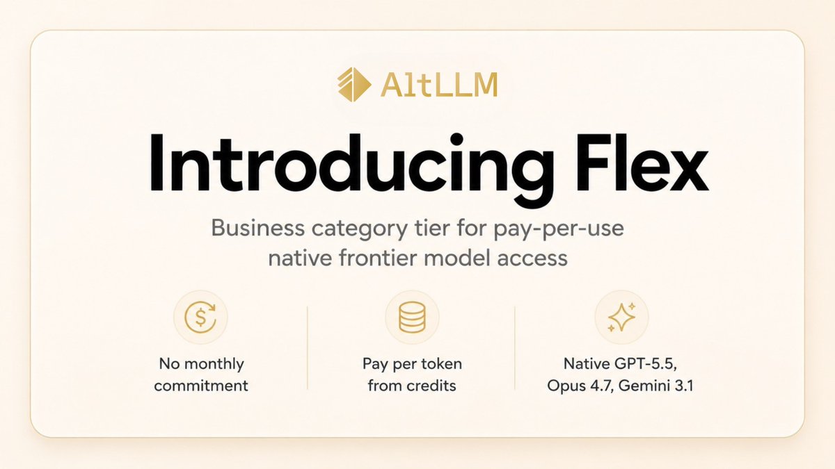 usealtai's tweet photo. Introducing Flex on https://t.co/xuWWknxLbH

Our new business tier for teams that want native frontier model access without a fixed monthly commitment.

• No monthly commitment.
• Token-based usage.
• Credits deducted only when you use it. https://t.co/oTHf8MJtC0