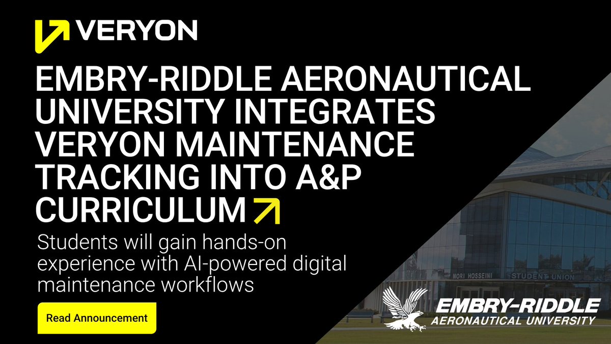 veryonplatform's tweet photo. We’re excited to partner with Embry-Riddle Aeronautical University to bring Veryon Maintenance Tracking into its Aviation Maintenance Science curriculum.
https://t.co/OyySkEHNa6 https://t.co/q5ZBBm2qls