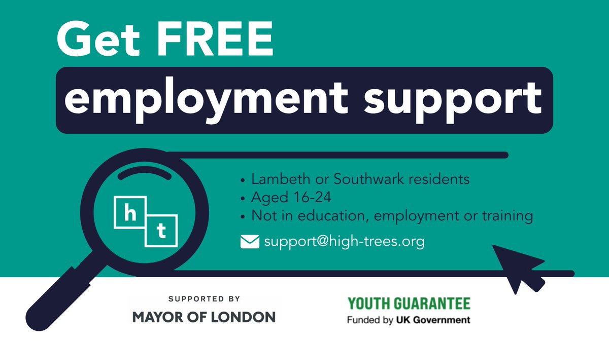HighTreesCDT's tweet photo. Are you 16 to 24 and looking for help in finding a job? 

✨ We offer FREE one-to-one employment support for young people living in Lambeth or Southwark who are currently not in employment, education or training.

To find out more
📩  support@high-trees.org
📞  020 8671 3132 https://t.co/YSlIxGNYmO