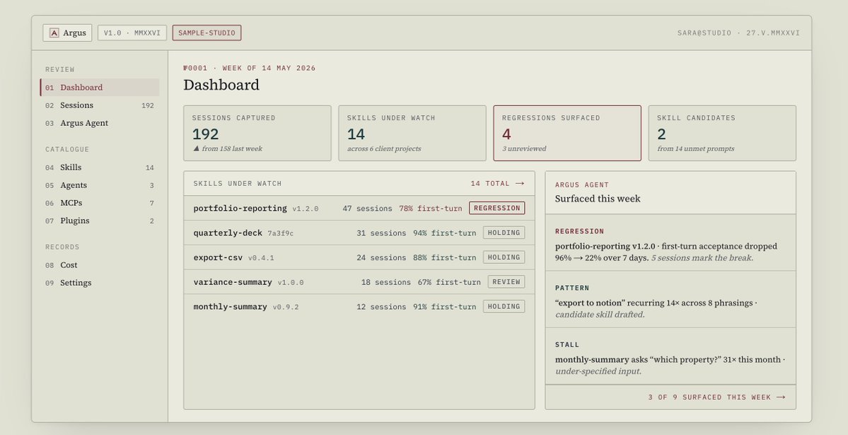 _matmaz's tweet photo. My agency installs  Cowork for clients. Once we ship custom skills, we go (almost) blind — telemetry just says "Skill: 3 & tokens:250". So I built Argus: captures real sessions (hooks, not OTel) across your team, ask user feedback within sessions, and surfaces qualitative patterns across them.  Already a game changer for me to actually evaluate/refine skills,MCPs, adoption across the team etc.. Waitlist → https://t.co/1W5yDww5ji DM me if this resonates!