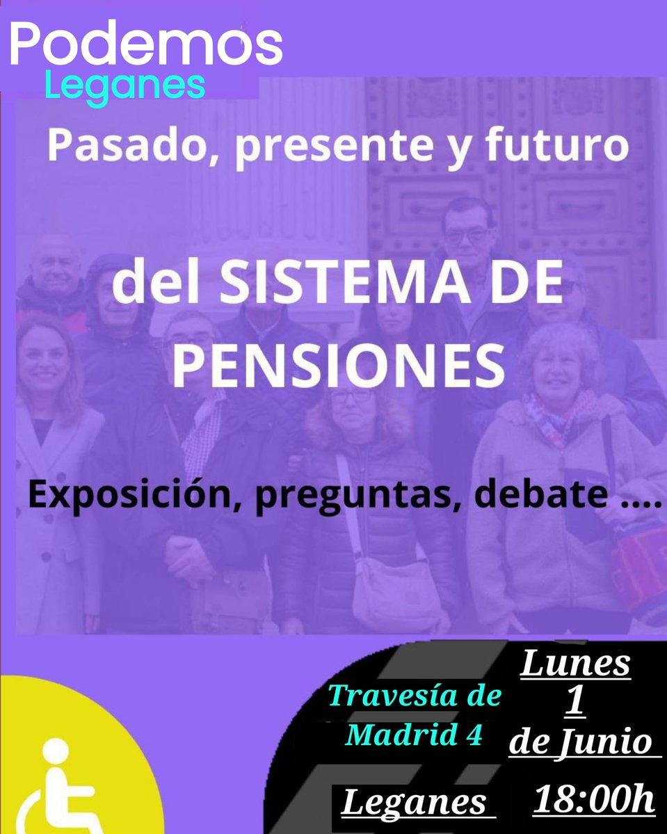 PodemosLeganes's tweet photo. 🤝🤔 Pensar el futuro es cosa de todos.
#PodemosLeganés te invita a una jornada clave para entender el Pasado, Presente y Futuro del Sistema de Pensiones. Te ofrecemos un espacio de exposición, preguntas y debate ciudadano.
🗓  Lunes 1 de junio, 18:00h
📍  Travesía de Madrid 4 https://t.co/AD7deZ2hXe