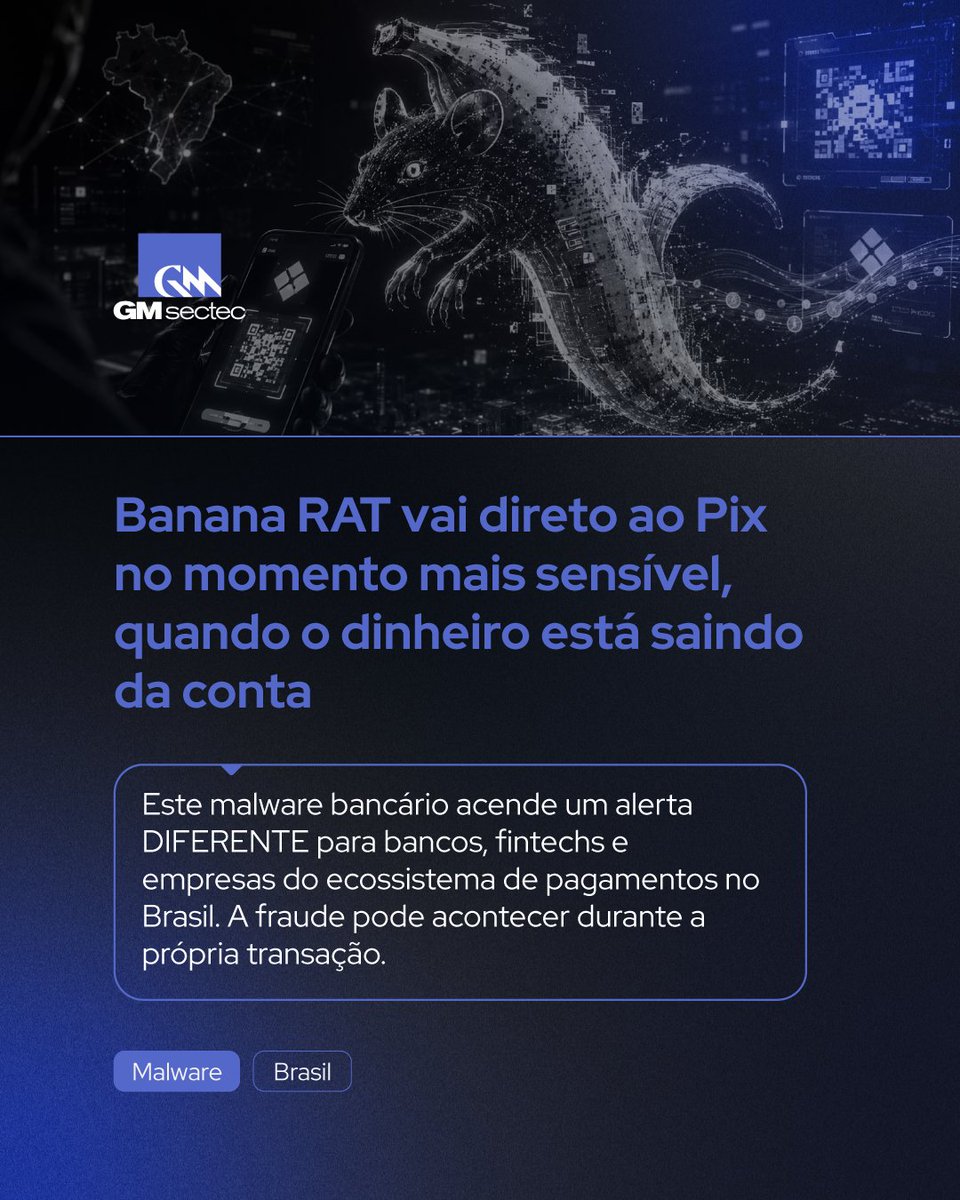 gmsectec_bra's tweet photo. 🍌📲 Esse malware bancário usa técnicas como sobreposição de tela e interceptação de QR Code para tentar desviar transferências em tempo real. A campanha teria sido descoberta em abril de 2026 e estaria associada a operadores brasileiros.

#BananaRAT #Pix #Malware https://t.co/HCPakz3suV