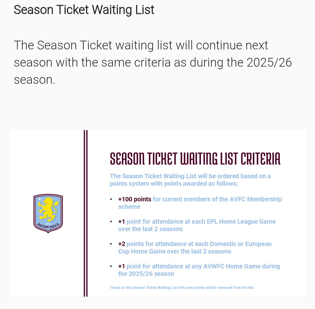 Ed_Lawrence96's tweet photo. @johntownley11 @AVFC_News Plus they've retained their points-based STH queue. If members don't just swallow these prices then it screws your chances of getting a ST.

Many will have paid more than they'd have liked this year in pursuit of a ST for 26/27, only for the NS rebuild change to crush that hope. https://t.co/AeBranvM2F
