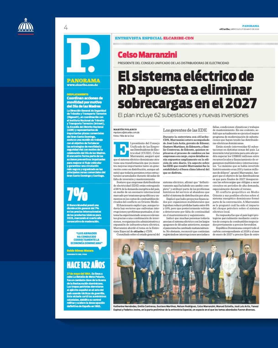 CUED_RD's tweet photo. Para el 2027, las distribuidoras eléctricas dominicanas tienen un objetivo claro: eliminar las sobrecargas del sistema.

Así lo afirmó Celso Marranzini, presidente del CUED, en entrevista especial con El Caribe y CDN, donde también detalló el plan de 62 subestaciones y las inversiones que superarán los US$800 millones este año.

Un plan ambicioso, respaldado con inversiones históricas. 🏗️🇩🇴 #CUED #EdeEste #EdeSur #EdeNorte