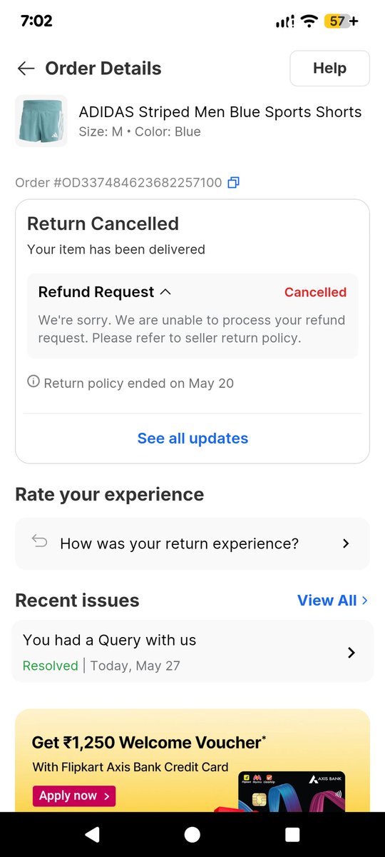 shashwanth12's tweet photo. Worst experience with #Flipkart. Been a loyal customer for 15 years.But uninstalling now for the terrible customer care, infact they don't even have a customer care.

I Ordered one adidas shorts on May 10, 2026. Received a torn product and raised a return request. It was pickedup https://t.co/COoIhy7obE