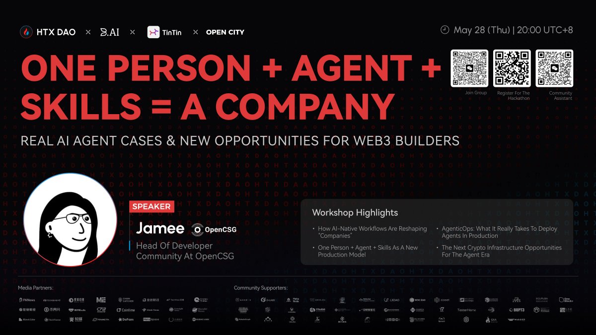 OurTinTinLand's tweet photo. 🔔 [HTX Genesis Hackathon Workshop#1 Announcement]

AI Agents are redefining what a “company” looks like.
As Agents take over execution and workflows become the new core productivity layer, new opportunities are emerging for Web3 builders.

On May 28, we’re inviting @OpenCsg developer community lead @Jamee_future to share insights on:
🔹 How AI-native workflows are evolving
🔹 What’s still missing for Agents to truly scale
🔹 What AgenticOps really means
🔹 Crypto infrastructure opportunities in the Agent era
🔹 What Web3 builders should be focusing on right now

📅 May 28, 8:00 PM (UTC+8)

🎧 Live on X / Twitter
Follow @OurTinTinLand and join the livestream by clicking our profile 5–10 minutes before it starts 👀

📋 Register for the HTX Genesis Hackathon:
 https://t.co/k6cPPnfnXC

#TinTinLand #HTXGenesis #Hackathon @HTX_DAO