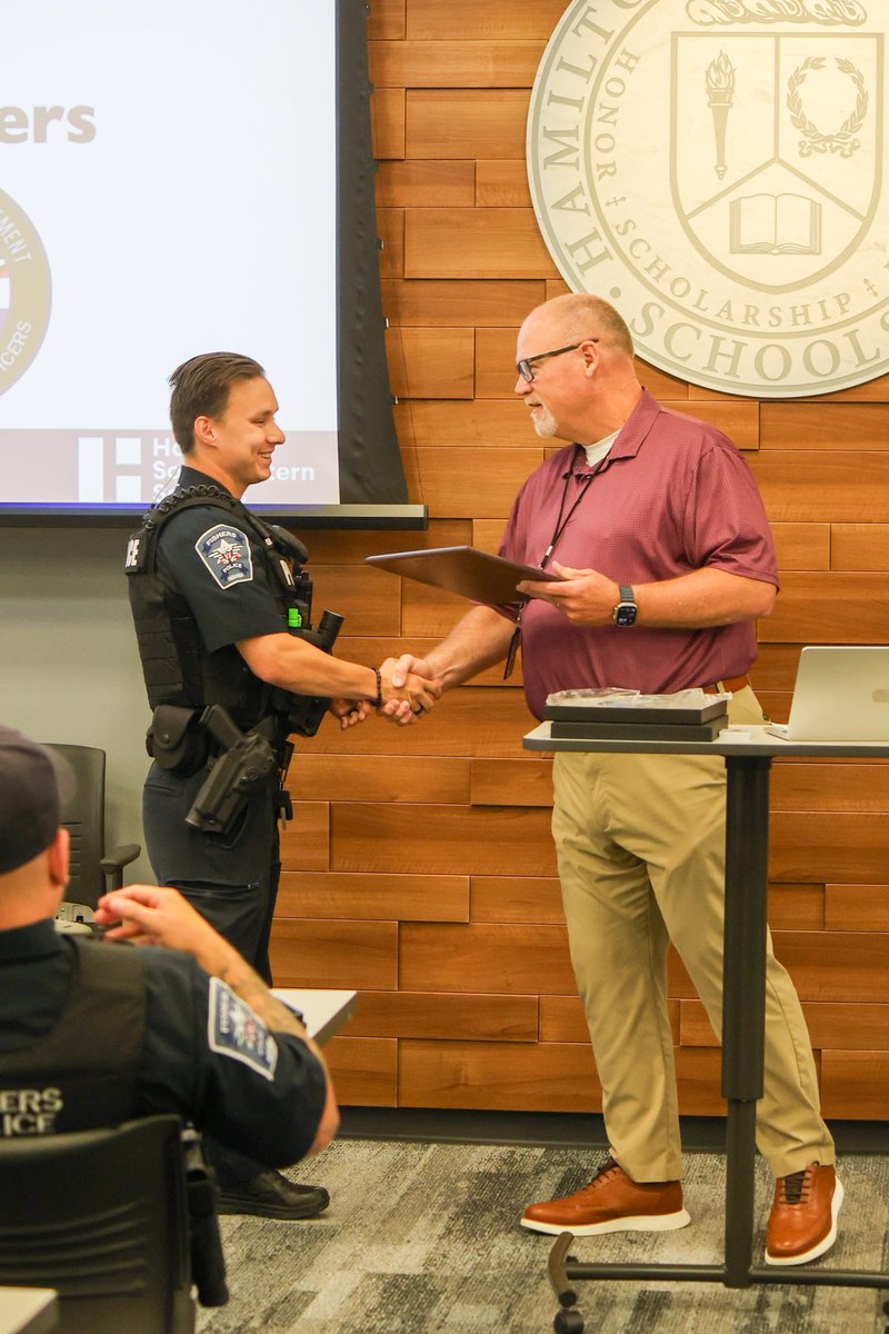 Fishers_Police's tweet photo. This morning, HSE hosted its annual SRO Breakfast to thank our School Resource Officers for their dedication to keeping our schools safe.

This year also marked the first time an officer was recognized as HSE’s SRO of the Year. We are proud to congratulate Officer Clausius on receiving this honor.

Several SROs were nominated, but Officer Clausius stood out to the committee for his ability to connect with students, his willingness to go the extra mile in the classroom, and the positive attitude he brings to work every day.