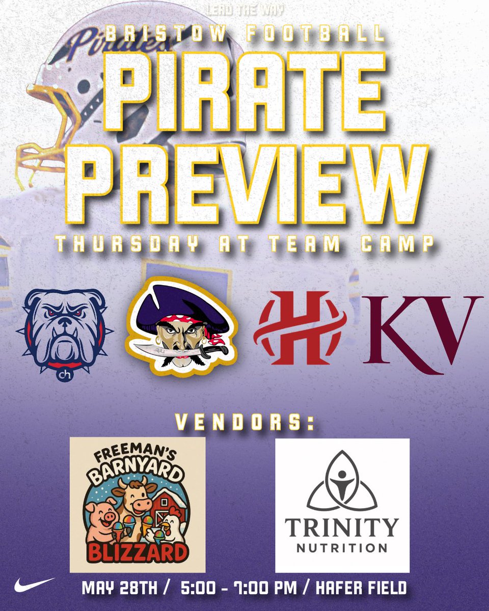 BristowPPFB's tweet photo. Team Camp is scheduled for tomorrow and Friday. Thursday we invite you to attend the Pirate Preview at team camp, where our Purple Pirates will compete against Cascia Hall, Holland Hall, and Kellyville, showcasing their spring hard work. 

#LEADtheWay #ToilandRaid https://t.co/46aseBInxP