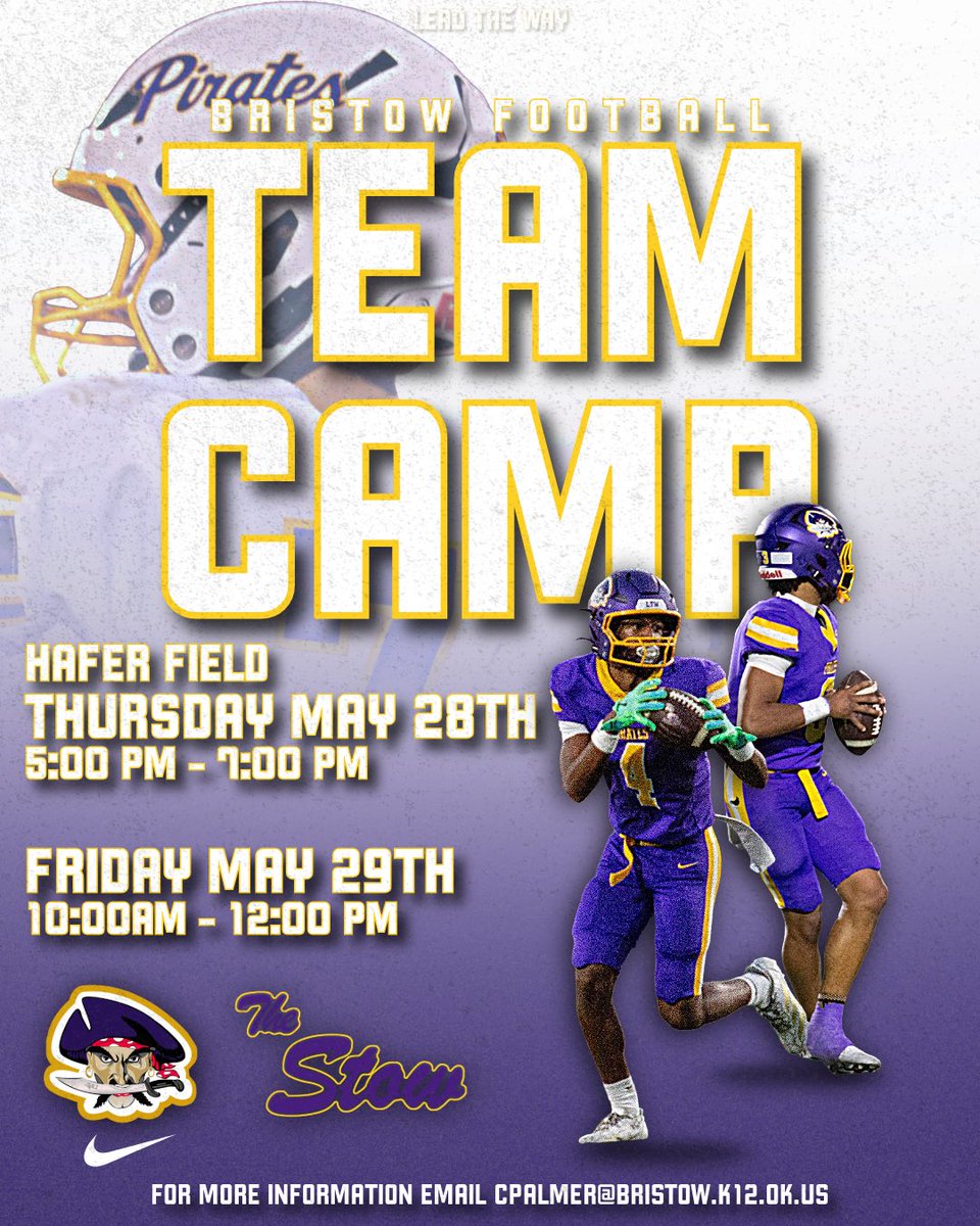 BristowPPFB's tweet photo. Team Camp is scheduled for tomorrow and Friday. Thursday we invite you to attend the Pirate Preview at team camp, where our Purple Pirates will compete against Cascia Hall, Holland Hall, and Kellyville, showcasing their spring hard work. 

#LEADtheWay #ToilandRaid https://t.co/46aseBInxP