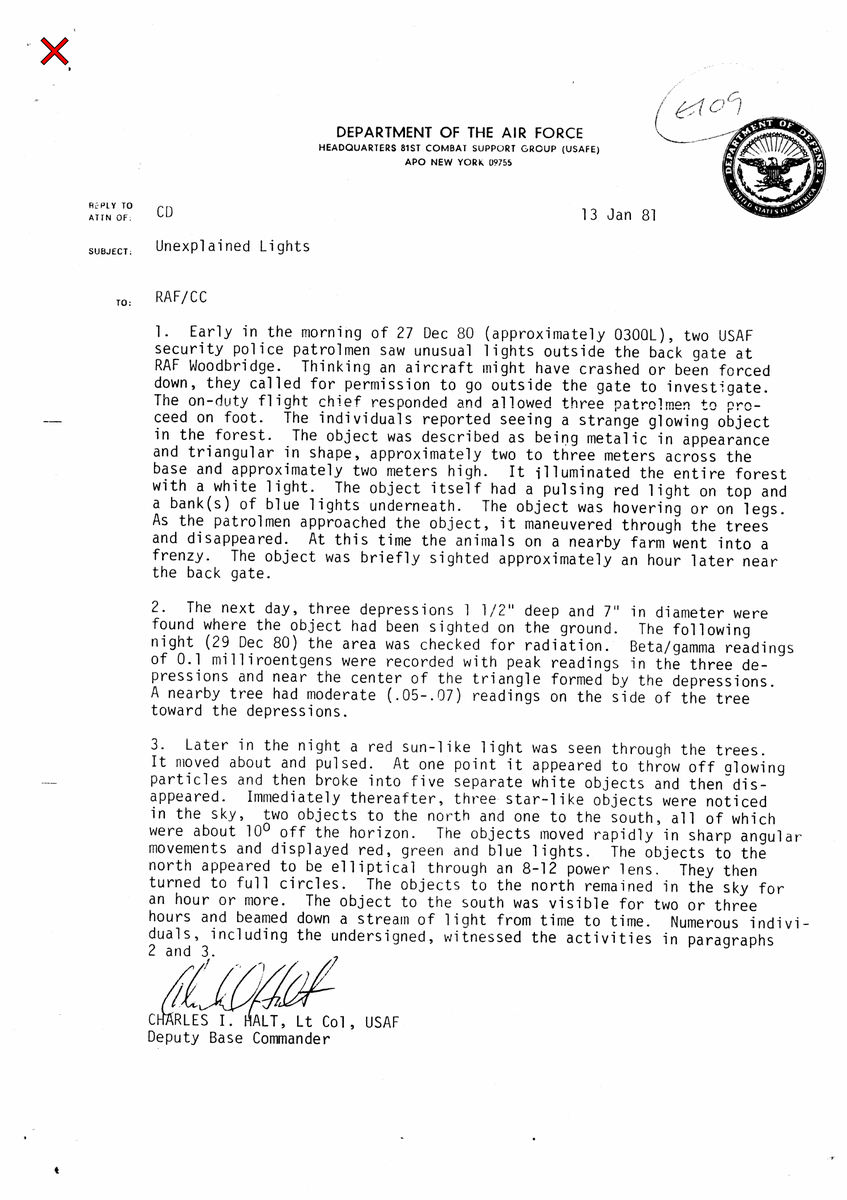TransparencyUFO's tweet photo. Rendlesham has one thing a lot of UFO stories do not: a senior officer recorded part of it while it was happening.

In December 1980, personnel near RAF Woodbridge reported lights in the forest. On the second night, Lt. Col. Charles Halt went out with a patrol, a Geiger counter, and a microcassette recorder.

The source summary says the tape runs about 18 minutes. It also notes above-background radiation readings at the reported landing site.

That is the useful part: not just memories later, but a recorded officer walk-through from the night itself.

---
SOURCE: Halt Tape summary; UK MoD Rendlesham file DEFE 24/1948
RELEASED: Audio public since 1984; UK MoD file released August 2009