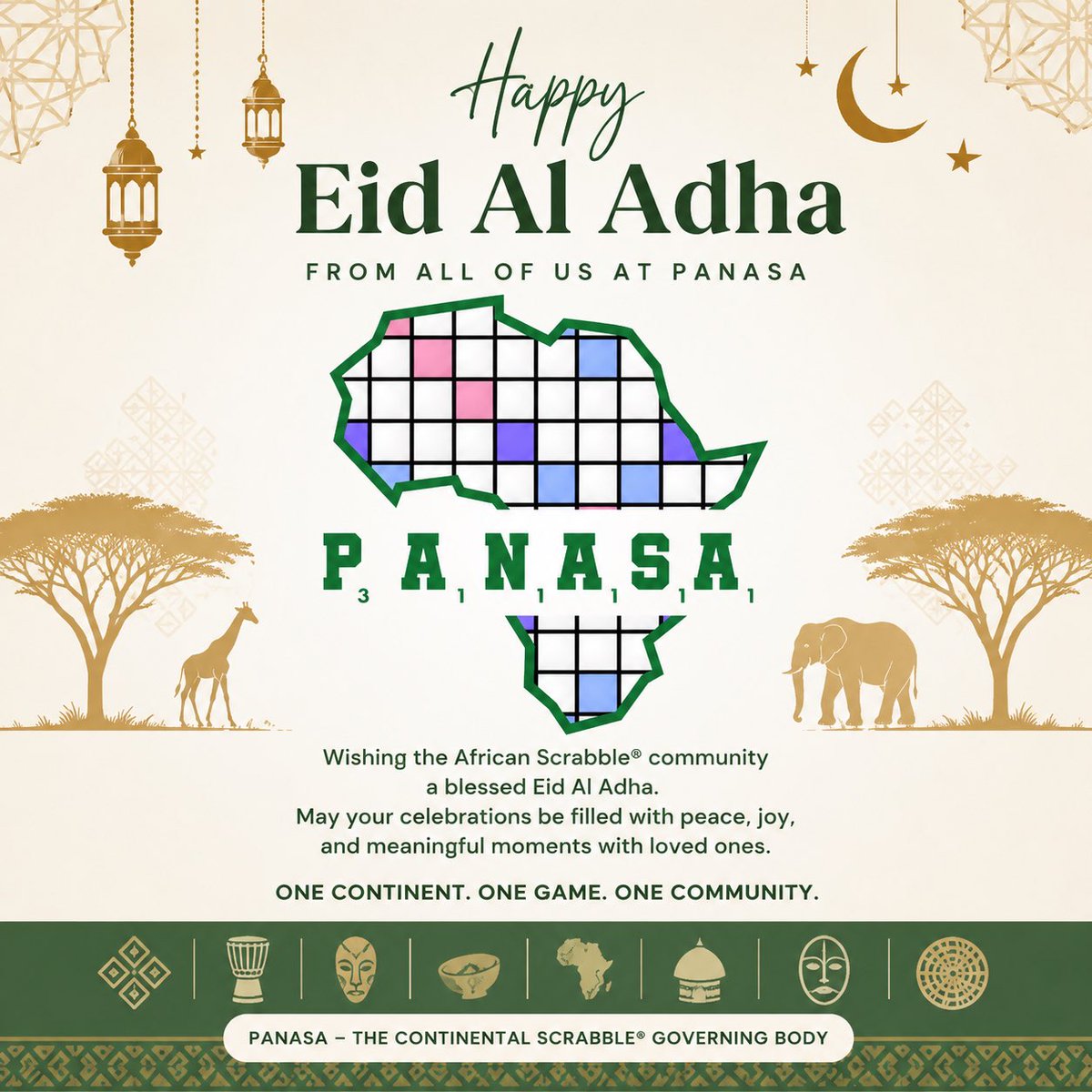 PANASAScrabble's tweet photo. On this blessed occasion of Eid Al Adha, PANASA celebrates the values of faith, sacrifice, unity, and love that bring our continent together.

May this season fill every home with peace, joy, and abundant blessings.
#EidAlAdha #EidMubarak #PANASA #AfricanScrabble #ScrabbleAfrica https://t.co/d7MWmcbanv