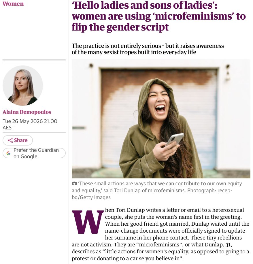 JamesLNuzzo's tweet photo. "Microfeminisms" reported in this article:
One woman, when sending an email to a heterosexual couples, uses the woman's name first in the greeting.
Another woman doesn't step aside for men while walking on the sidewalk. https://t.co/drJJqBgQ02